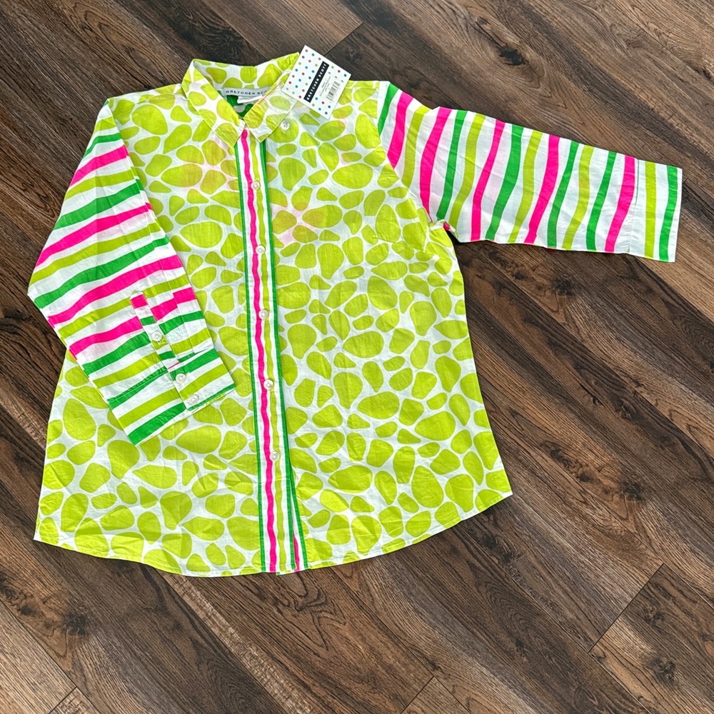 Gretchen Scott Designs Green and Pink Abstract Shirt. Button down. 100% cotton